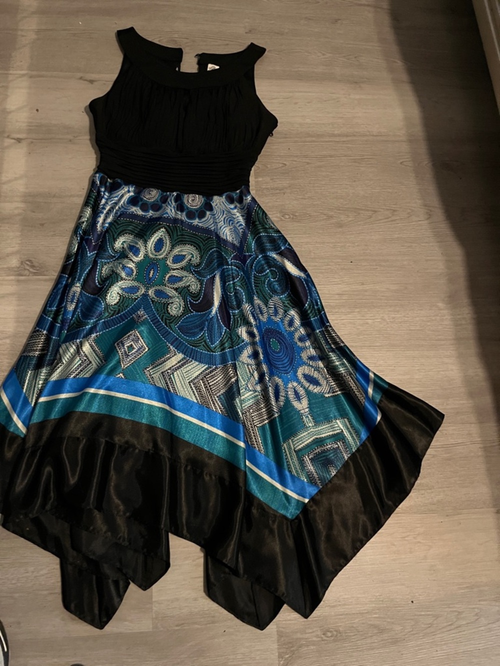 Black and Teal Floral Handkerchief Hem Dress